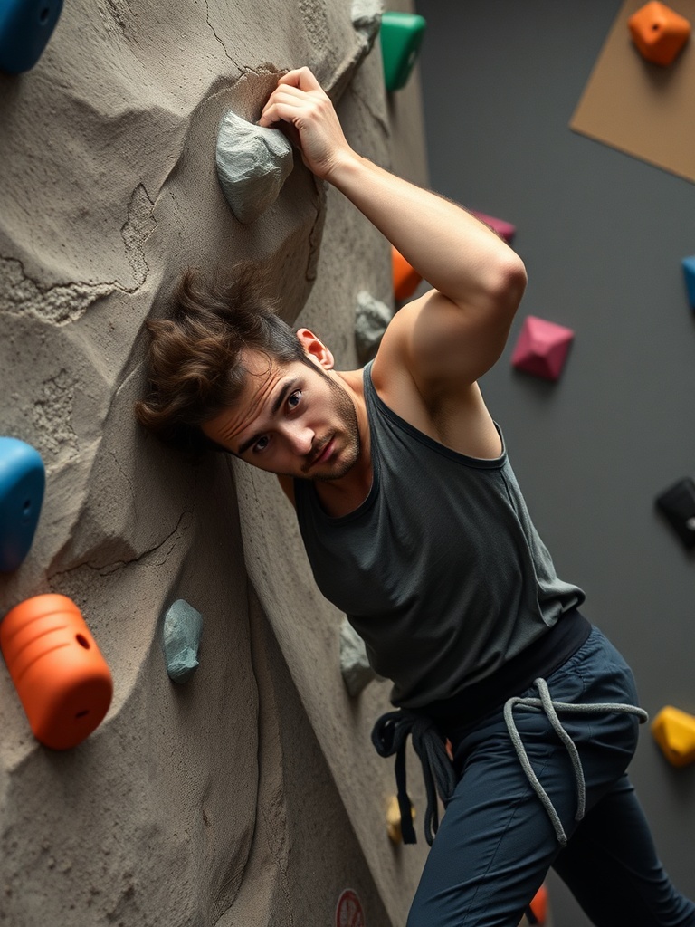 실내 클라이밍장에서 불안정한 자세로 홀드를 잡고 있어 추락 위험이 있는 초보자의 모습