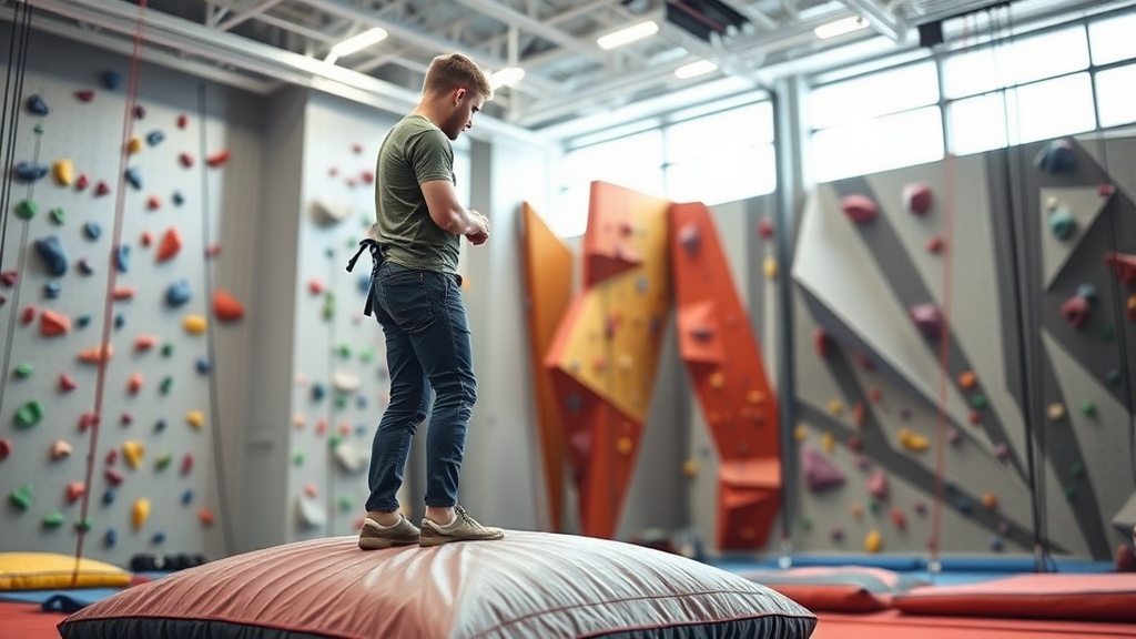클라이밍 짐에서 매트 위를 점검하고 다음 등반자를 배려하는 모습