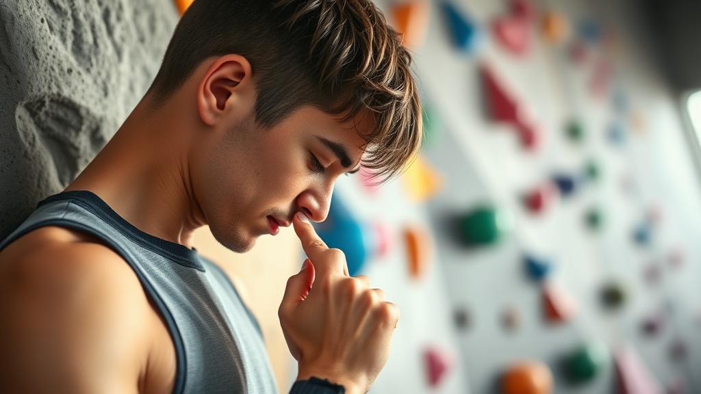 지상에서 손가락으로 홀드를 가리키며 등반 경로를 시뮬레이션하는 클라이머