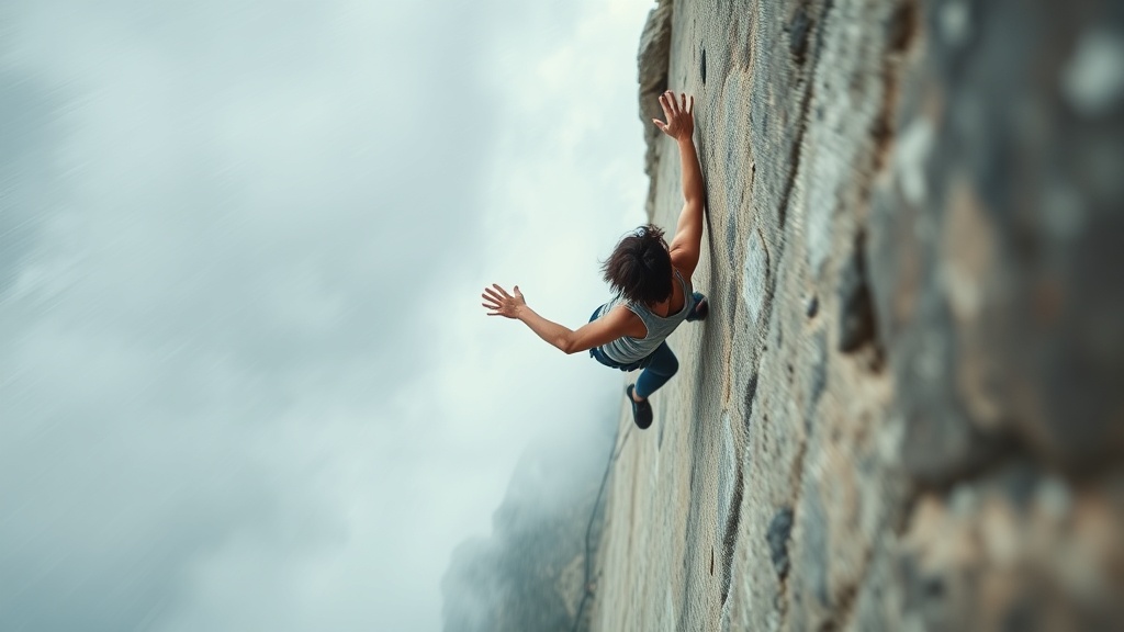 클라이밍 중 잘못된 자세로 추락하여 손목에 무리가 가는 위험한 상황 묘사