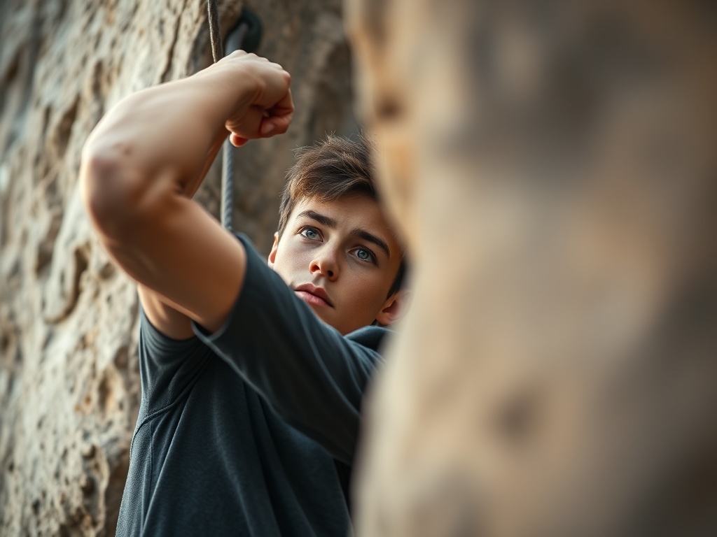 벽 위에서 다음 홀드를 찾지 못해 당황하고 있는 초보 클라이머의 모습