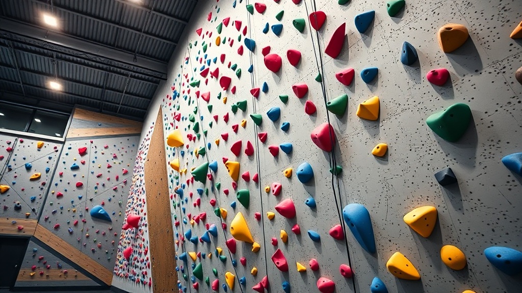 다양한 색상의 홀드가 박혀 있는 웅장한 실내 볼더링 암벽장의 전경